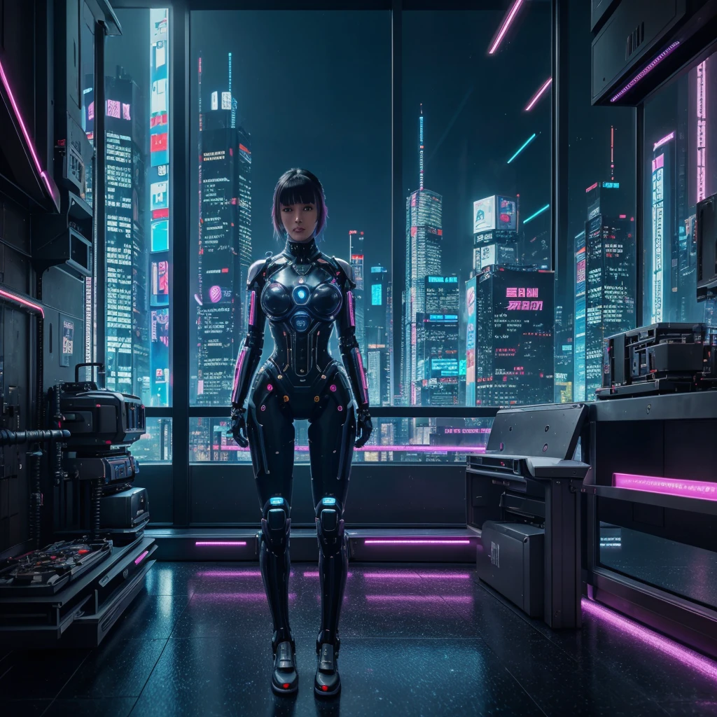 masterpiece, best quality, extremely detailed, Japaese android girl,Plump ,control panels,android,Droid,Mechanical Hand, Robot arms and legs,Blunt bangs,perfect robot girl,long tube,thick cable connected her neck,android,robot,humanoid,cyborg,japanese cyborg girl ,robot-assembly plant,She has assembled now,assembly scene,chest monitor,blue eyesBest image quality, Masterpiece, Ultra-high resolution, (Fidelity:1.4), Photo, Dim, Darkness, Movie, ((Cyberpunk)), cyber outfit, Futuristic, ((Award-winning ultra-realistic photos)),((tmasterpiece)),(Hyper-detailing),(Complicated details),(High resolution CGI artwork 8k),Futuristic cyberpunk living room,Bedrooms,kitchens。terrazzo,big window,Busy and colorful、Detailed cyberpunk cityscape。Futuristic style,There are many colors and LED lights。The cityscape should be very detailed,depth of fields。Create depth with atmospheric lighting,Evoke the feeling of a busy futuristic city outside the window。cameras:Wide-angle lens showing rooms and windows。Use atmospheric and volumetric lighting to enhance cityscape detail。The room should be illuminated by the neon lights of the cityscape, Pastel textured colored background, Colourful, vibrant,