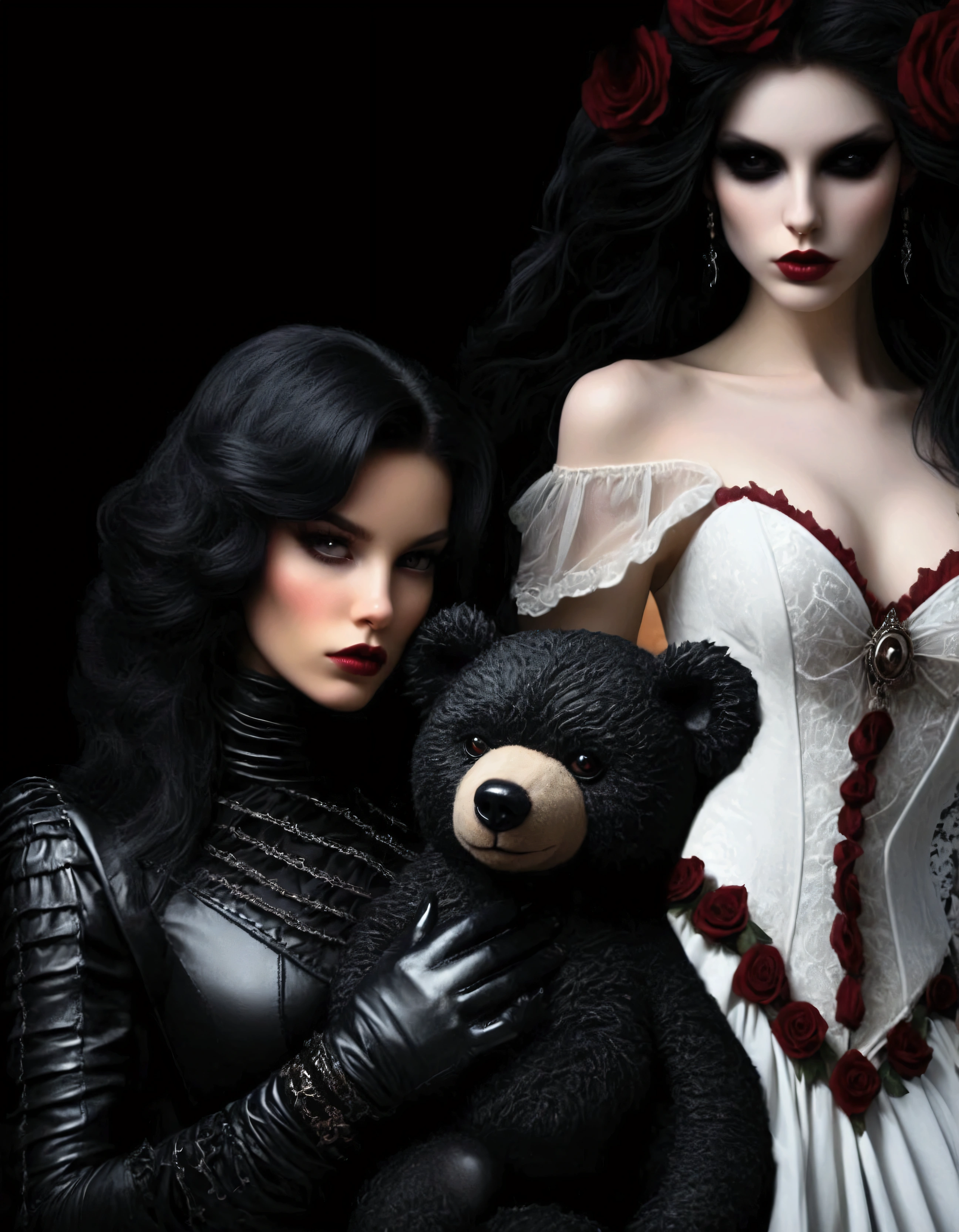 gothic woman in white corset and black leather outfit holding a teddy bear, natalie shau tom bagshaw, artstyle tom bagshaw, artgerm and tom bagshaw, darius zawadzki and tom bagshaw, gothic fantasy art, natalie shau, inspired tom bagshaw, in the style of tom bagshaw, earley