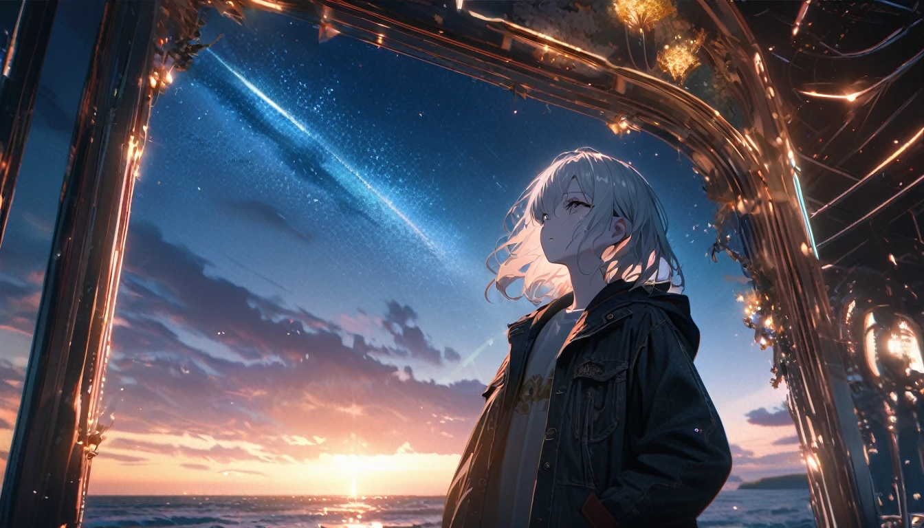 Starry Sky, After the Rain, horizon , In the sky,Lens flare, colorful,coat,Put your hands in your pockets,(student, 18-year-old, JK, Her short silver hair sways, Pale skin, Lack of eye sparkle) Looking up at the sky, Beautiful sky, There is an ocean,White Street,The scenery is beautiful, 広いLooking up at the sky, I see the wind blowing and shining, In the skyは正午の月と正午の星がある,From below, break ,quality(8k,非常に精細なCGユニットのwallpaper, masterpiece,High resolution,top-quality,top-quality real texture skin,Surreal,Increase the resolution,RAW Photos,最高quality,Very detailed,wallpaper,Cinema Lighting,Ray Tracing,Golden Ratio),Have a long-term perspective
