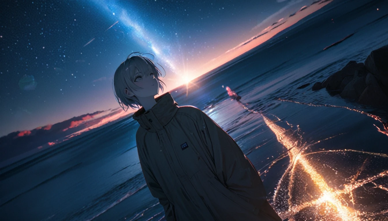 Starry Sky, After the Rain, horizon , In the sky,Lens flare, colorful,coat,Put your hands in your pockets,(student, 18-year-old, ＪＫ, Her short silver hair sways, Pale skin, Lack of eye sparkle) Looking up at the sky, Beautiful sky, There is an ocean,White Street,The scenery is beautiful, 広いLooking up at the sky, I see the wind blowing and shining, In the skyは正午の月と正午の星がある,From below, break ,quality(8k,非常に精細なCGユニットのwallpaper, masterpiece,High resolution,top-quality,top-quality real texture skin,Surreal,Increase the resolution,RAW Photos,最高quality,Very detailed,wallpaper,Cinema Lighting,Ray Tracing,Golden Ratio),Have a long-term perspective