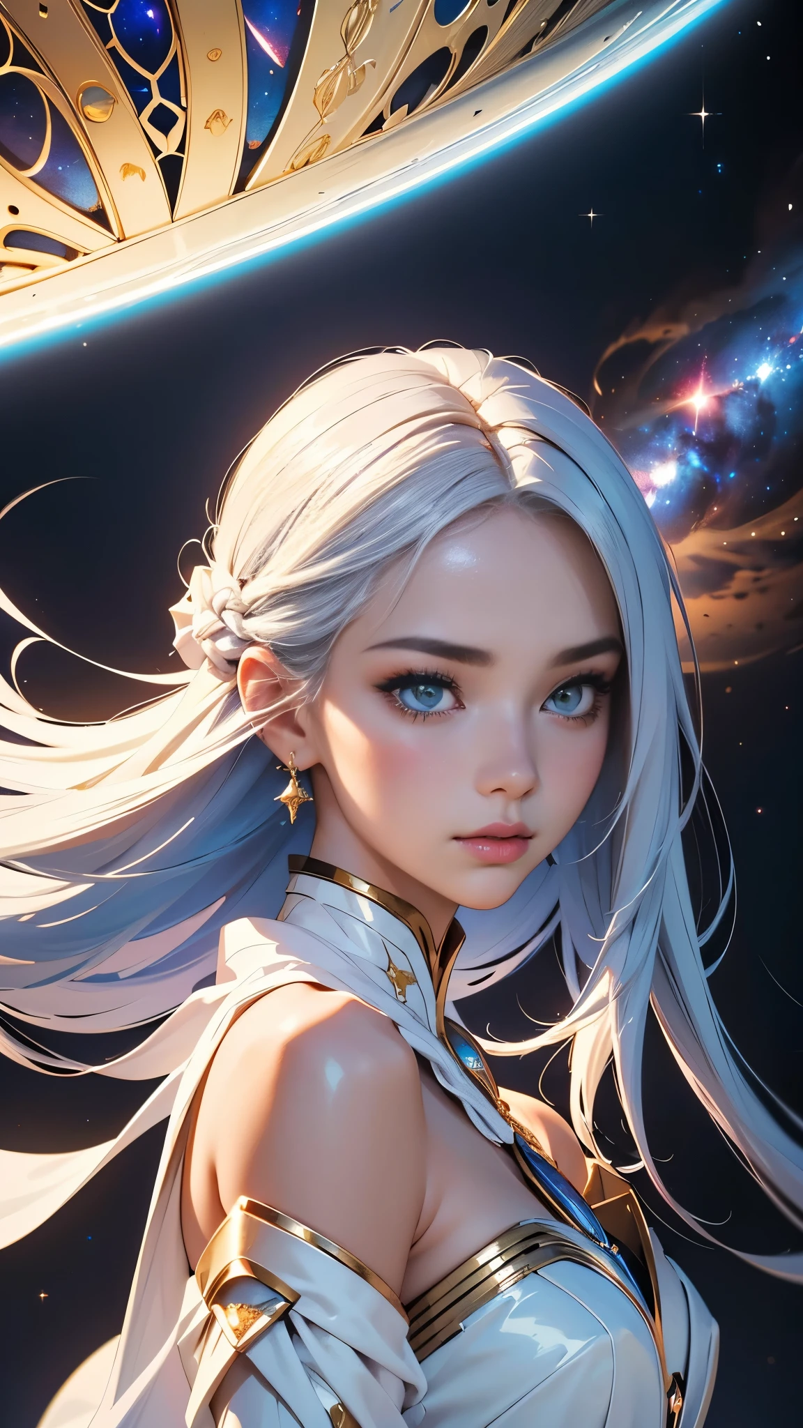 (nsfw), A young and breathtakingly beautiful woman, with hair reaching ethereal lengths, is depicted in a solo portrait. She is clad in immaculate white armor, a symbol of Tokyo Fashion's allure, as she gazes at an unseen object in the Cosmos. The image is rendered with the highest quality and an ultra-high resolution, capturing every detail of her flawless features and the intricate design of her armor. The setting is the Cosmos, with a backdrop of the infinite stars and galaxies, perfectly contrasting her earthly beauty. The atmosphere is filled with a sense of mystery and wonder, with the vibrant colors of distant galaxies and nebulae ill