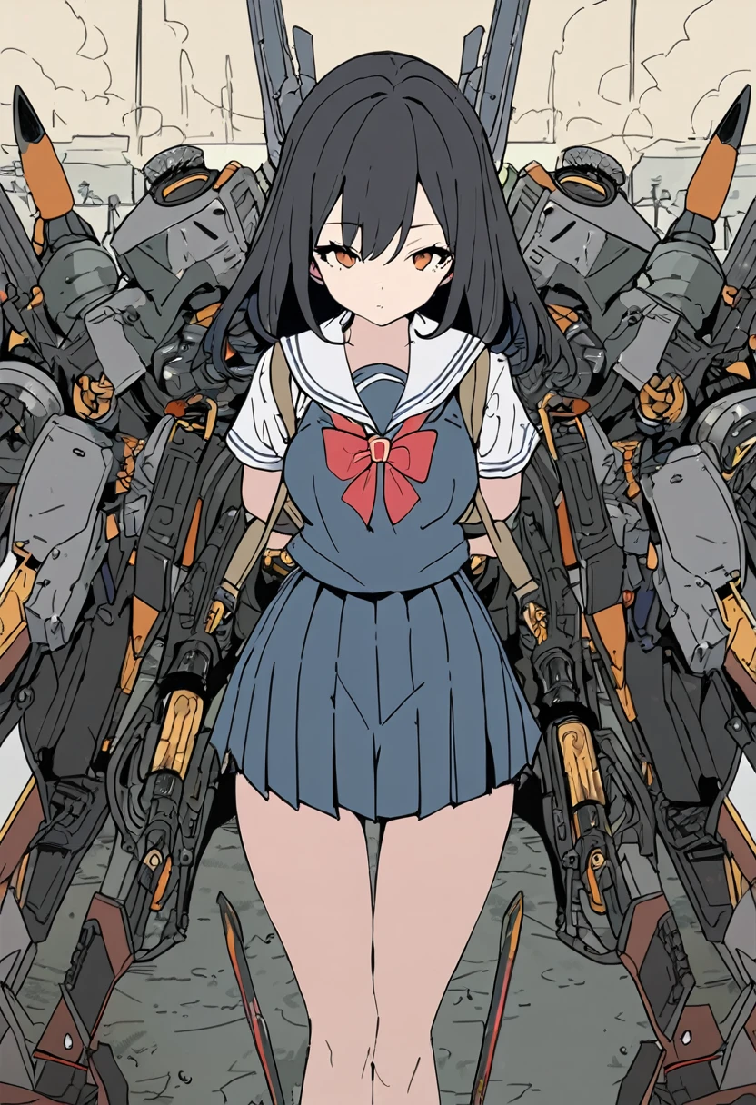 (Masterpiece, BestQuality),flatcolor,girl,summer school-uniform,(She has many weapons attached to her back and arms,radial),(guns,blades,mecha-arms),view from front,battle field,BREAK (,detailed face,black hair,middle small breasts),