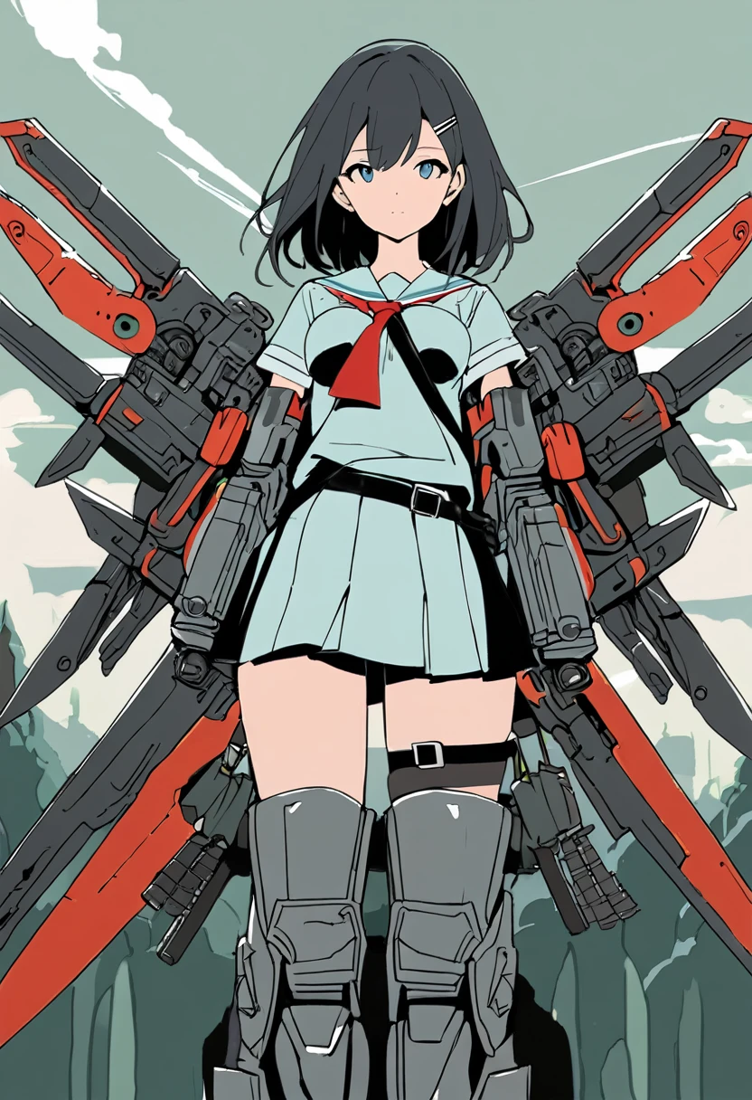 (Masterpiece, BestQuality),flatcolor,girl,summer school-uniform,(She has many weapons attached to her back and arms,radial),(guns,blades,mecha-arms),view from front,battle field,BREAK (16yo,detailed face,black hair,middle small breasts),