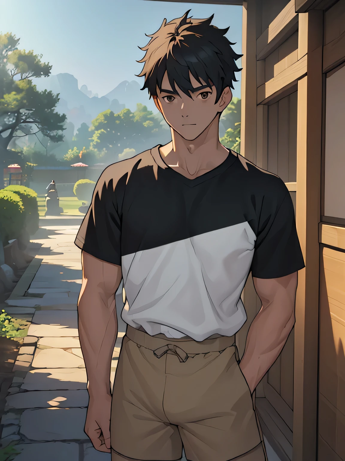 ((masterpiece)), ((best quality)), (ultra-detailed), (((((lighting forward, Garden of Japan house, Not in the shade, Landscape, fullbodyesbian, Inside the dojo))))), (8k, ultra-detailed, 1boy, solo,  boy, worm eyes), Young boy, eight: 168cm, 6.5 heads, baby face, Innoc ruddy skin)))), (Black Short straight hair, brown eyes), Vivid colors, ((A loose fitting plain T-shirts, plain Shorts)), In practice