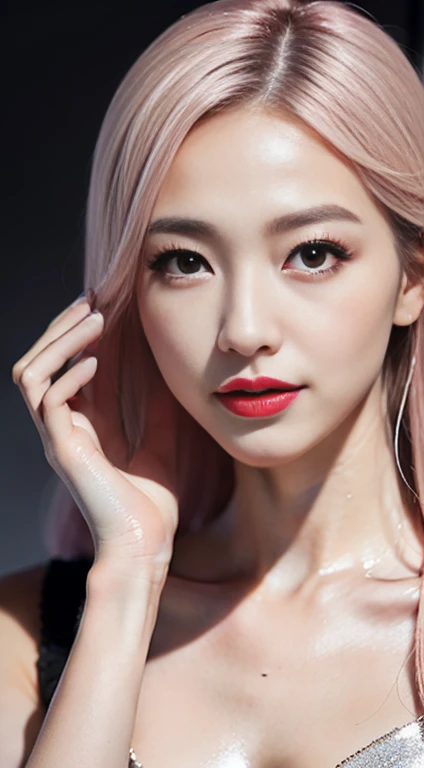 Close-up photo of the face of an extremely beautiful Korean female model with perfect body. Photo taken with Canon EOS R5 85mm f/11 Camera, ((sharp)) mode of people and surrounding scenery. Image quality ((8K)), ((lifelike)), ((masterpiece)), ((sharp and highest contrast)), ((great depth of field)), ((light stereolithography)).
((Pink hair)), ((high-end cosmetic makeup)), ((bright, radiant smile)), ((brilliant glossy red lipstick)), ((Ivory, white skin bright)), detailed pores, ((glossy skin)), ((Light shining directly on the face)), bright sunlight.