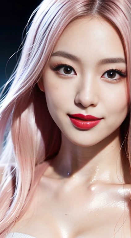 Close-up photo of the face of an extremely beautiful Korean female model with perfect body. Photo taken with Canon EOS R5 85mm f/11 Camera, ((sharp)) mode of people and surrounding scenery. Image quality ((8K)), ((lifelike)), ((masterpiece)), ((sharp and highest contrast)), ((great depth of field)), ((light stereolithography)).
((Pink hair)), ((high-end cosmetic makeup)), ((bright, radiant smile)), ((brilliant glossy red lipstick)), ((Ivory, white skin bright)), detailed pores, ((glossy skin)), ((Light shining directly on the face)), bright sunlight.