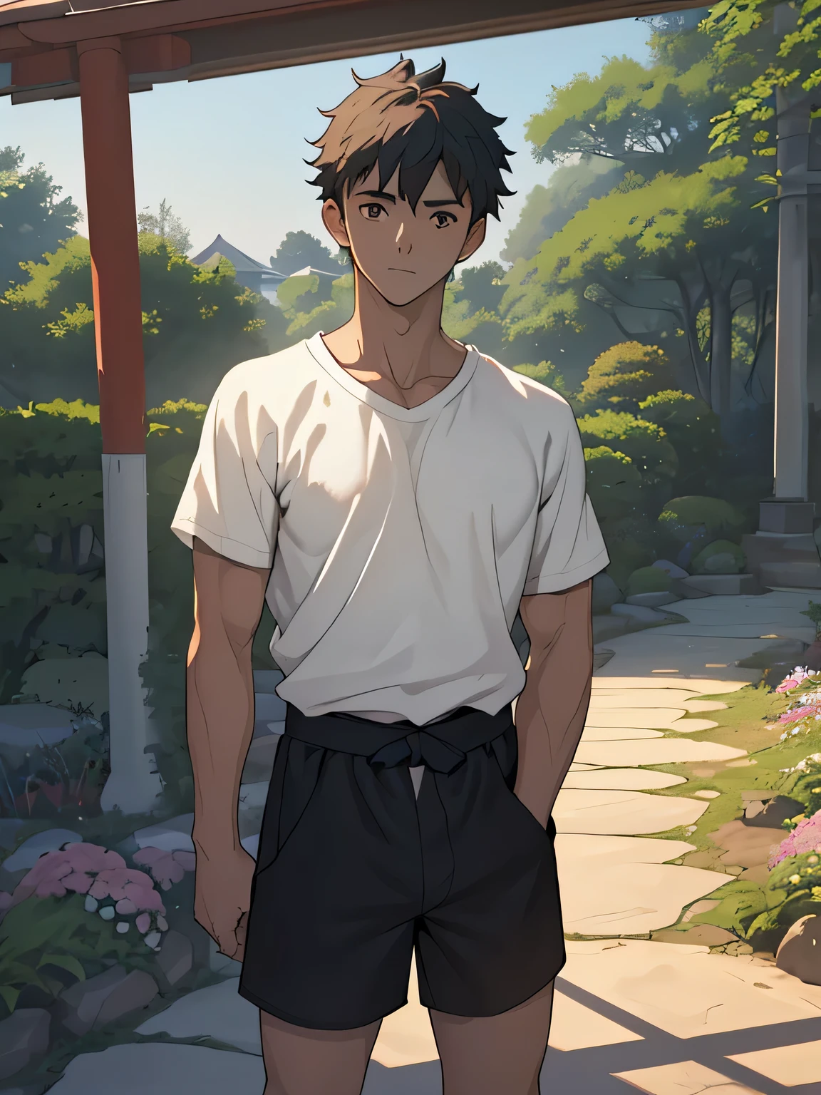 ((masterpiece)), ((best quality)), (ultra-detailed), (((((lighting forward, Garden of Japan house, Not in the shade, Landscape, fullbodyesbian, Inside the dojo))))), (8k, ultra-detailed, 1boy, solo,  boy, worm eyes), Young boy, eight: 168cm, 6.5 heads, baby face, Innoc ruddy skin)))), (Black Short straight hair, brown eyes), Vivid colors, ((A loose fitting plain T-shirts, plain Shorts)), In practice
