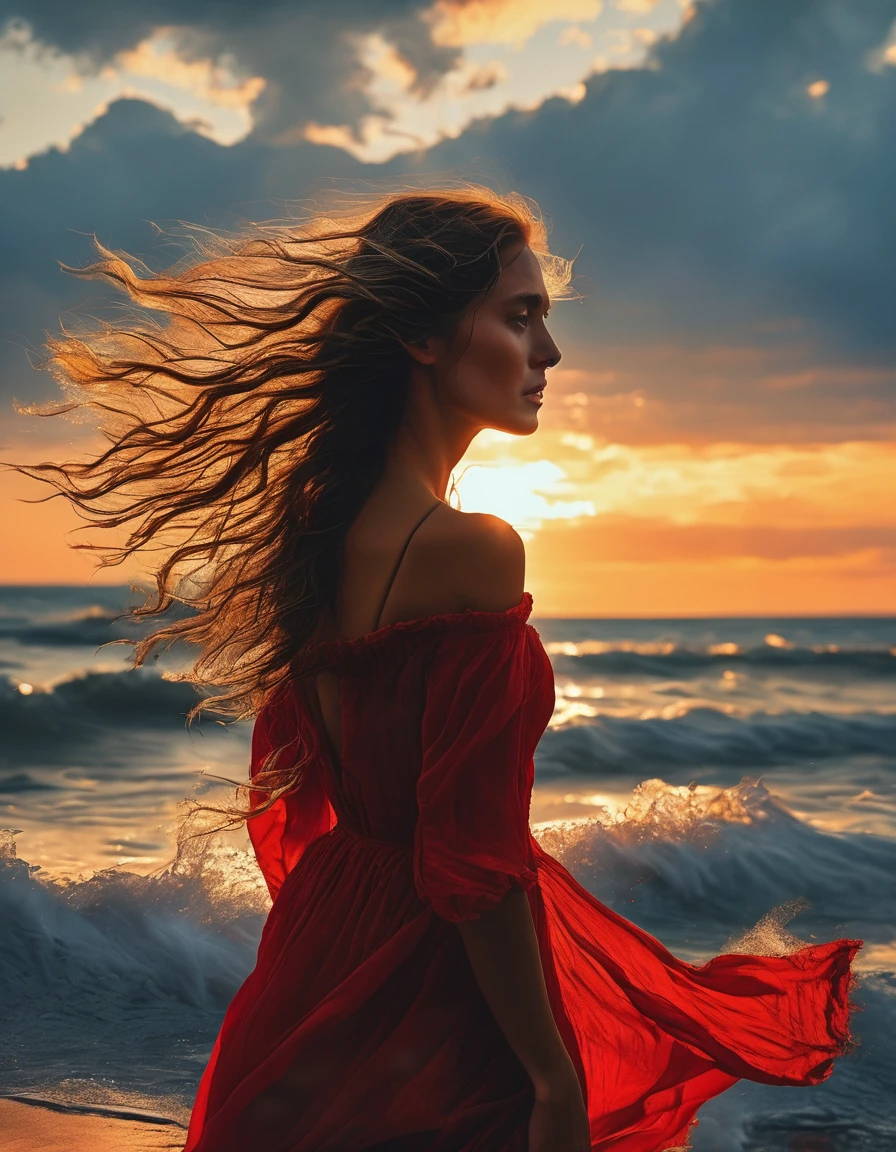 masterpiece,high quality,best composition,summer sunset,one woman standing in the waves,beautiful woman,best style,red dress,looking at the sea,long hair blowing in the wind,face slightly reddened by the sunset,close-up of woman.