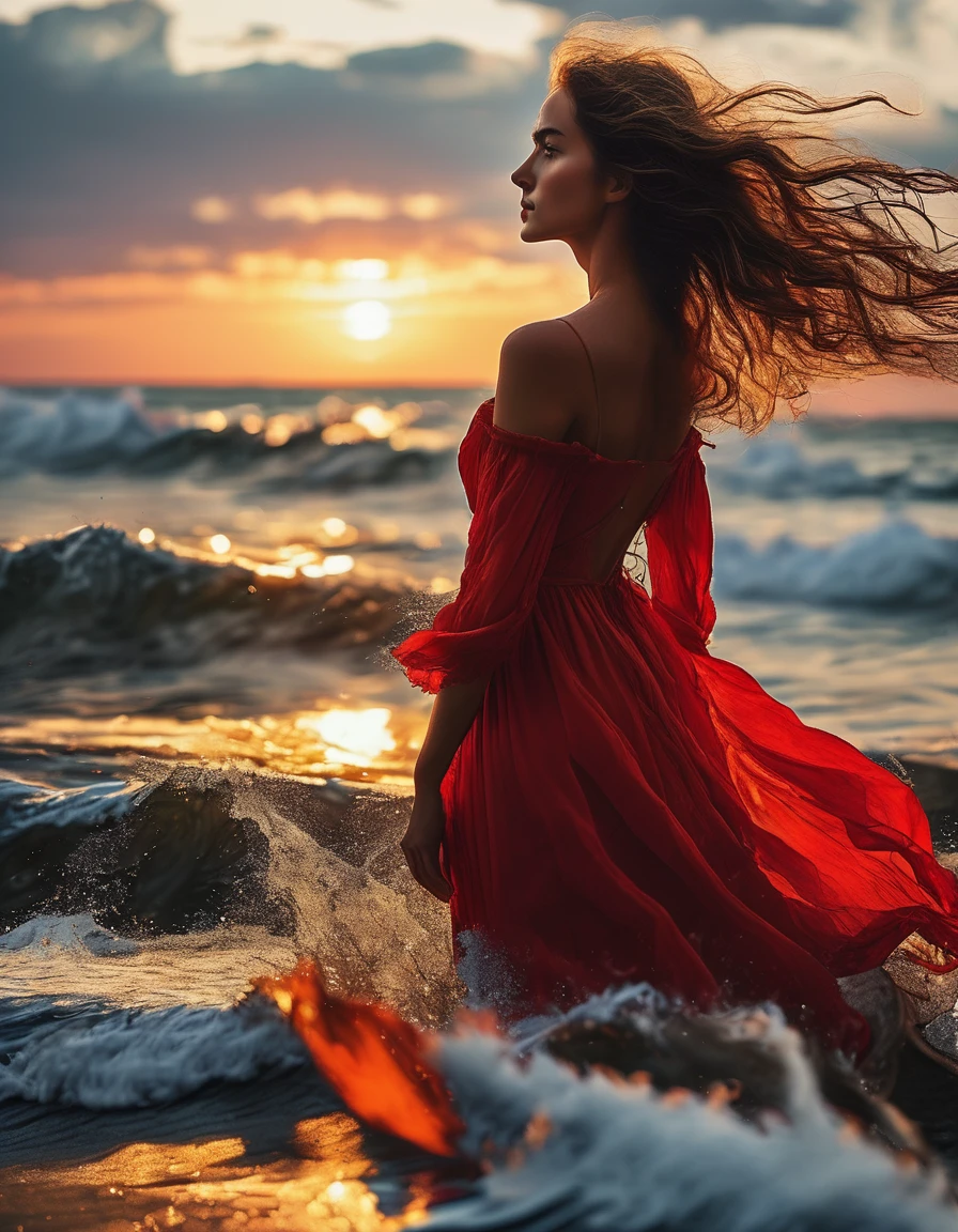 masterpiece,high quality,best composition,summer sunset,one woman standing in the waves,beautiful woman,best style,red dress,looking at the sea,long hair blowing in the wind,face slightly reddened by the sunset,close-up of woman.