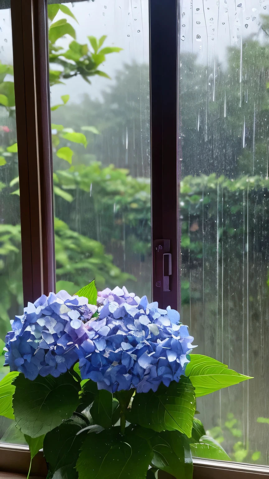 Rainy days in the rainy season、The view from the window at home。Outside the window, the rain is pouring down、Beautiful blooming hydrangeas can be seen in the garden.。Raindrops hitting the window pane、The sound of rain echoes in the quiet room.。