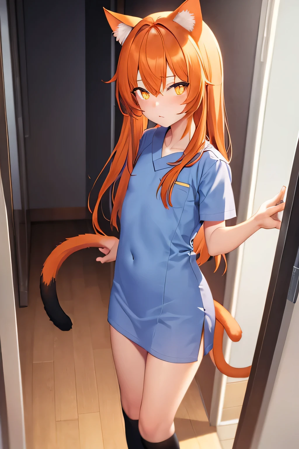 Orange hair, orange tail, cat girl, black pupils, hospital uniform, male, steel plate, flat chest 