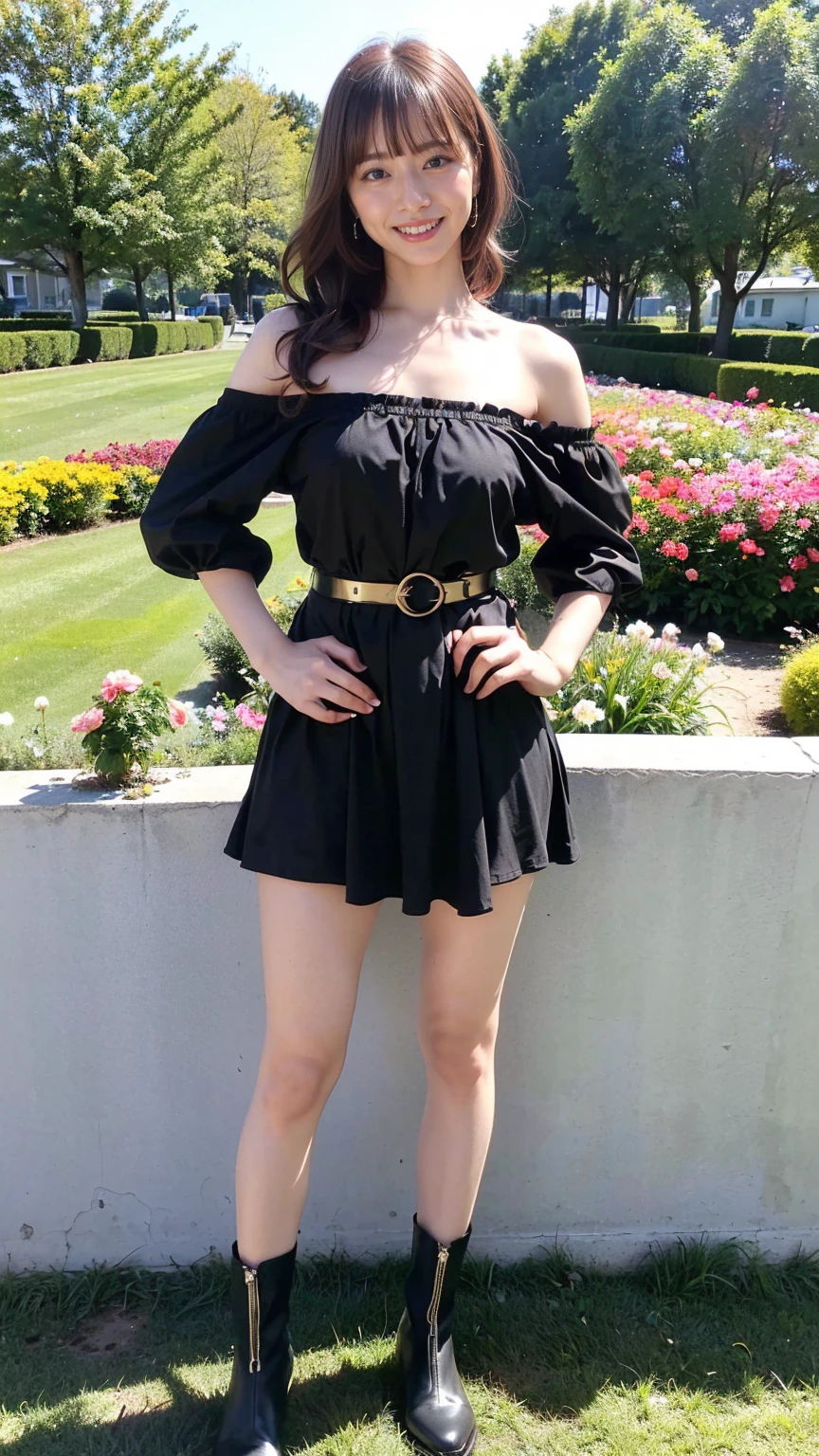 (8k、RAW Photos、Highest quality、masterpiece:1.2)、(Realistic、Realistic)、1 Girl、((Black dress、Off the shoulder、belt、See-through、mini skirt、Frilledium Hair、smile、whole body、See-through、boots、garden、View from the front、Looking at the camera、Hands on your hips))、cute
