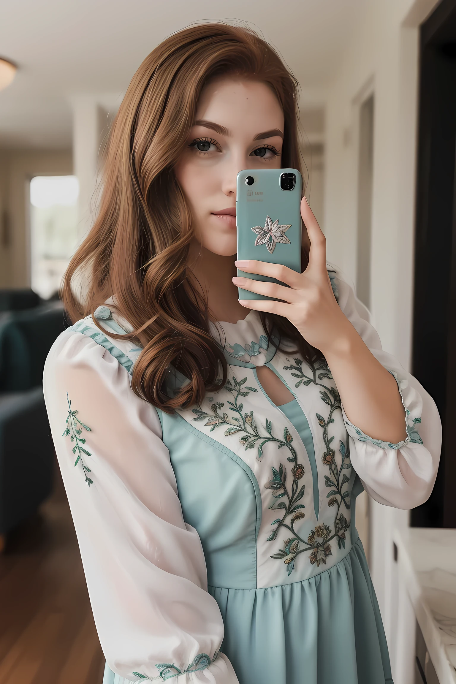 A dreamy, soft-focus photograph capturing a Redhead wearing a detailed embroidered dress taking a stunning blurry selfie