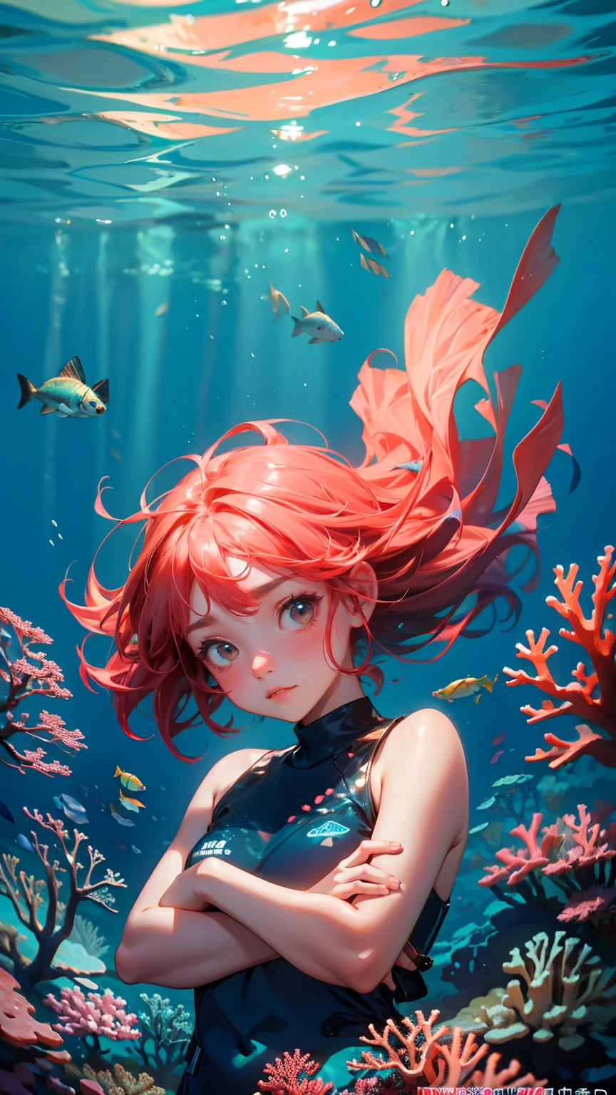 A cute girl with cute sad annoying face, stuck in fishing nets, set against the backdrop of coral reefs underwater with text below saying 'stuck transaction" underwater background,