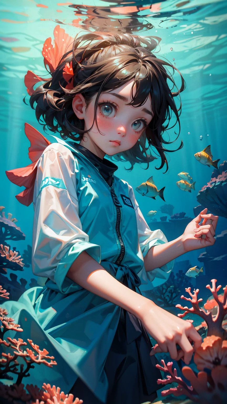 A cute girl with cute sad annoying face, stuck in fishing nets, set against the backdrop of coral reefs underwater with text below saying 'stuck transaction" underwater background,