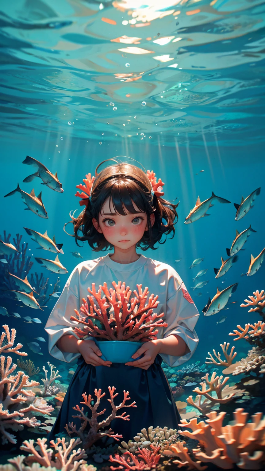 A cute girl with cute sad annoying face, stuck in fishing nets, set against the backdrop of coral reefs underwater with text below saying 'stuck transaction" underwater background,