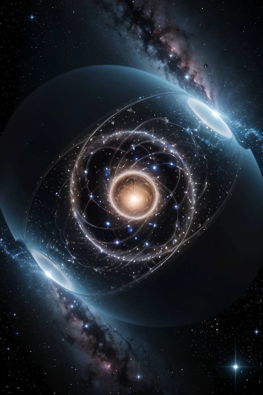 Title: A Cosmic Symphony: Revealing the Complexities of Einstein's General Relativity and Newton's Laws Scene Description:
space background:
A vast cosmos with a profusion of shining stars, colorful spiral galaxies and glowing nebulae.
The background should convey a feeling of immensity and mystery, with deep colors like blue, roxo e preto, interspersed with golden and silver sparkles of stars.
gravitional waves:
En el centro de la imagen, represent gravitational waves as smooth, concentric ripples in the fabric of spacetime.
These ripples can have a subtle shine, standing out from the stellar background.
Planets and Orbits:
Several planets of different sizes and colors in orbits around stars or black holes.
Orbits must be visible, perhaps with thin, curved lines that show the influence of gravity.
Some planets may have rings or moons in orbit, adding diversity to the scene.
Space Clock:
A floating clock with hands that appear to bend and distort, symbolizing time dilation in General Relativity.
The watch must have a futuristic design, with shiny and perhaps semi-translucent elements.
Mathematical formulas:
Iconic formulas like ๐ธ
=
๐
๐
2
E=mc
2
e
๐น
=
๐บ
๐
1
๐
2
๐
2
F=G r 2 m 1 โ m 2 โ โ must float in the surrounding space, like holograms or glowing writings in the air.
Formulas must be arranged in such a way that they appear to be part of the fabric of the cosmos, organically integrating into the scene.
Figure of Einstein and Newton:
Small figures or busts of Albert Einstein and Isaac Newton, perhaps observing the scene from a small planet or floating platform.
Figures may be stylized, but recognizable, with Einstein having his signature hair and Newton with his classic wig.
They must look contemplative, maybe looking at the clock or the gravitational waves.
Artistic style:
A digital style that combines realistic elements