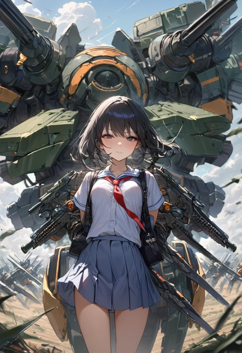 (Masterpiece, BestQuality),girl,summer school-uniform,(She has many weapons attached to her back and arms,radial),(guns,blades,mecha-arms),view from front,battle field,BREAK (16yo,detailed face,black hair,middle small breasts),