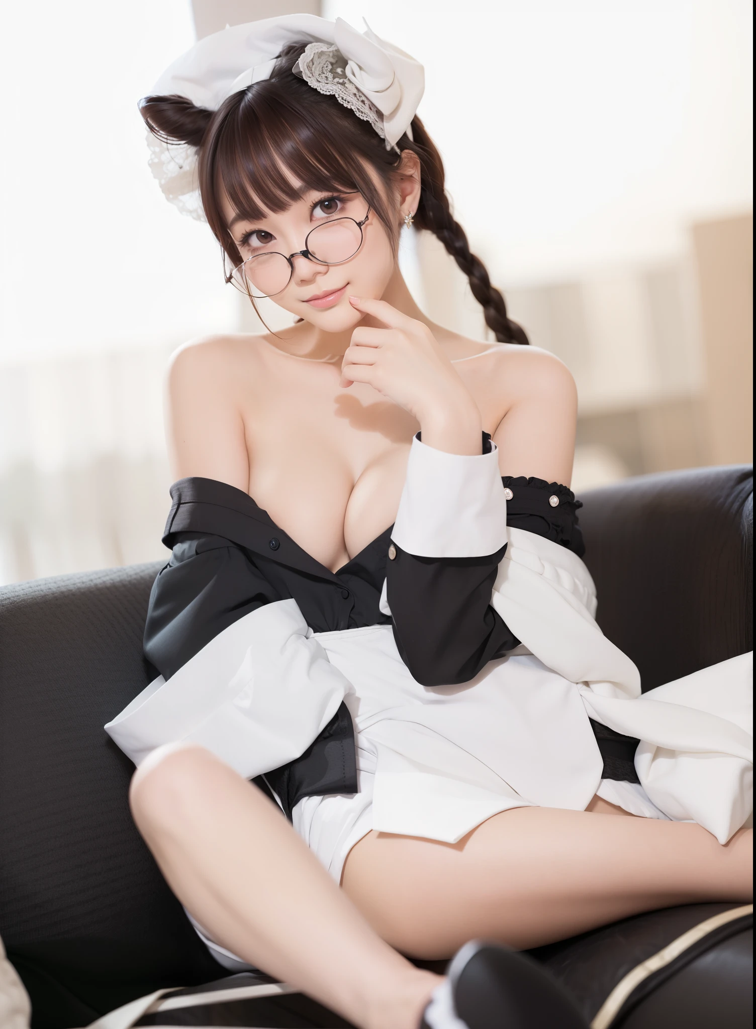 (best quality:1.5), (masterpiece:1.5), very detailed, high resolution, 8k, cute Japanese woman, cute 24 year old beauty, slim body, (slightly saggy busty breasts), thin lips, detailed face, Beautiful and elegant face, cute face, natural bangs, arched eyebrows, well-groomed eyebrows, (big eyes with a good balance between the left and right sides), cute eyes, beautiful eyes, beautiful thin nose, (beautiful skin), medium Hair, Brunette hair, black hair, (natural bangs), (Round and cute face:1.2), slim figure, (looking at the camera with a Gentle smile), beautiful legs, smooth skin skin, slim and beautiful thighs, cute and sexy slim 24 year old woman, fair skin , Beautiful breasts, (Slender and slim body:1.5), (Slim waist:1.8), (slim hips:1.8), ((slim Butt:1.8)), I-type Valley, cleavage, (Natural Light:0.8), (lighting forward:0.8), (lighting front:0.8), (Flat lighting:0.8), Relaxed smile, Detailed fingers, beautiful hands, (Round face:1.4), Girl sitting,