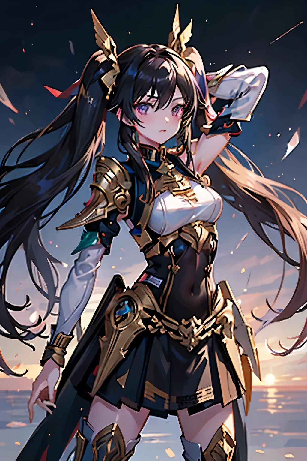 (masterpiece), best quality, expressive eyes, perfect face, 1girl, solo, ishtar, ishtar fate, purple eyes, black hair, gold hair ribbon, long hair, twintails hair, ribbon, sidelocks, two side up, black skirt, black thighhighs, Humanoid, Red and White color Armor suit, Valkyrie, breast plated, thighhighs, Bright Sky background, stand, standing, character sheet, upper body, portrait, looking at viewer, Gundam wings, medium breast, double sword at both hand, Fly high