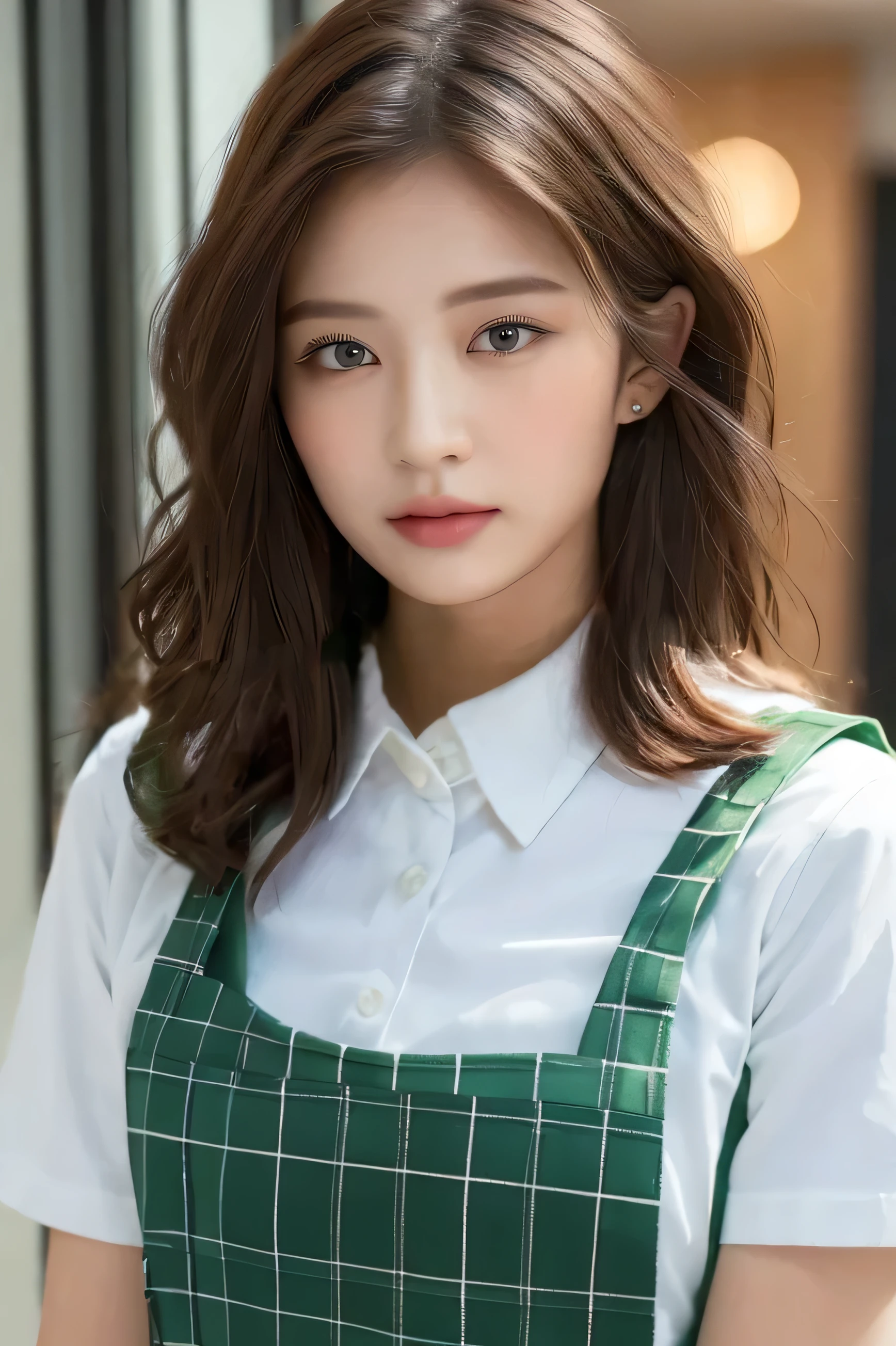 White collared shirt,((Green apron))、