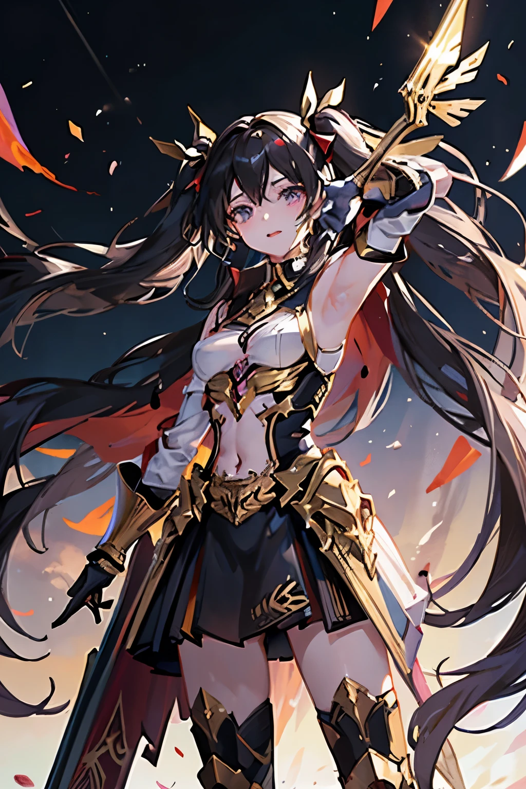 (masterpiece), best quality, expressive eyes, perfect face, 1girl, solo, ishtar, ishtar fate, purple eyes, black hair, gold hair ribbon, long hair, twintails hair, ribbon, sidelocks, two side up, black skirt, black thighhighs, Humanoid, Red and White color Armor suit, Valkyrie, breast plated, thighhighs, Bright Sky background, stand, standing, character sheet, upper body, portrait, looking at viewer, Gundam wings, medium breast, double sword at both hand, Fly high