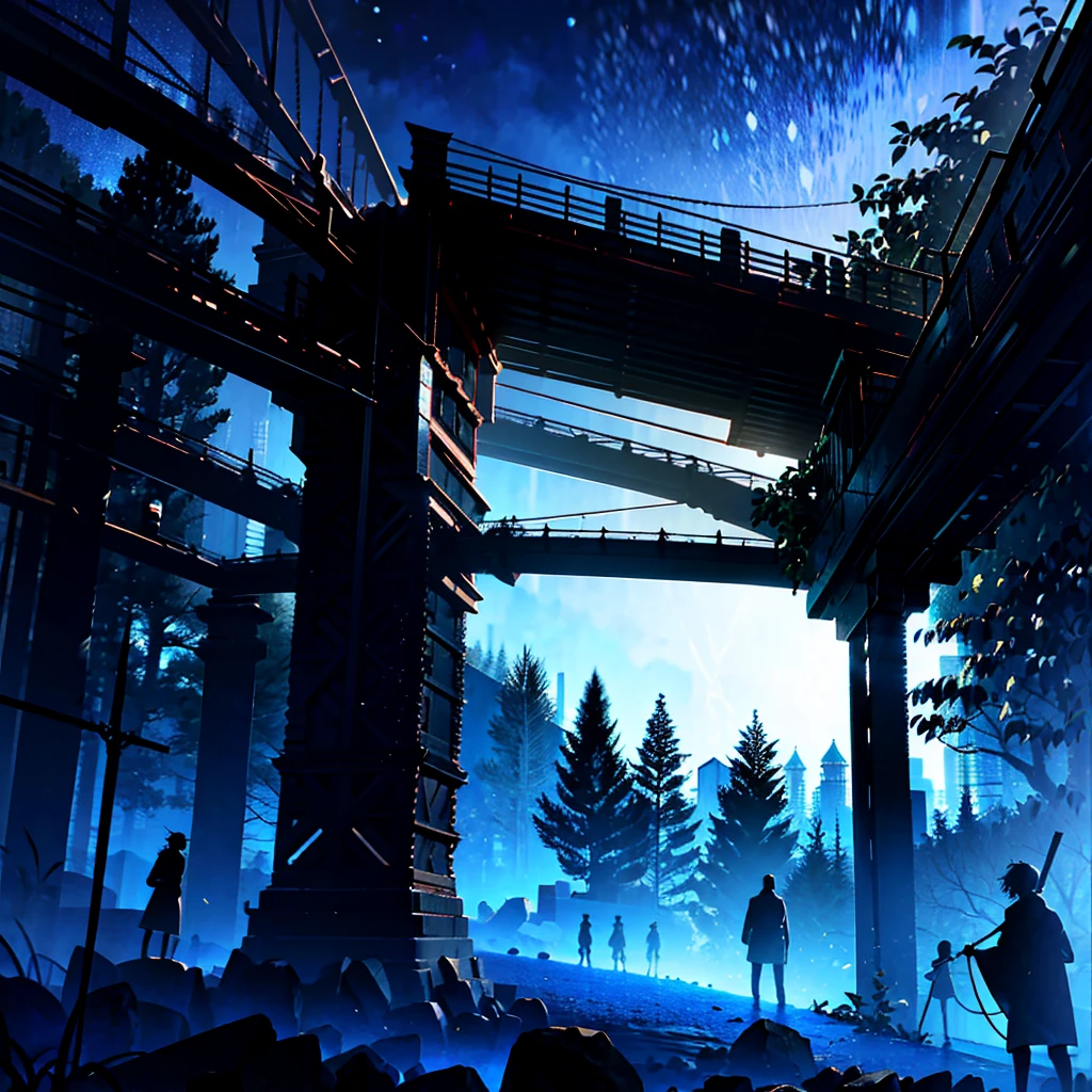Dark Night, Bluish, Blue tint, 森の中の木製のsuspension bridge,Rope bridge,suspension bridge, Old wooden bridge, (Blue Hour:1.5) (Twilight Night, dark blue night, blue shadow) dark silhouette
