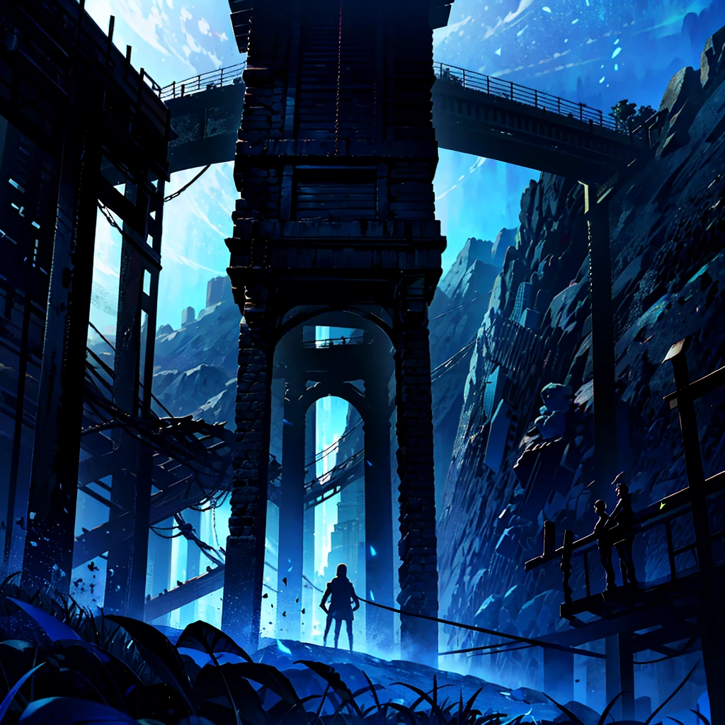 Dark Night, Bluish, Blue tint, 森の中の木製のsuspension bridge,Rope bridge,suspension bridge, Old wooden bridge, (Blue Hour:1.5) (Twilight Night, dark blue night, blue shadow) dark silhouette
