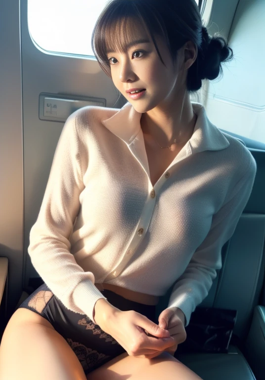 (masterpiece:1.3), (Highest quality:1.3), 8k, 超High resolution, 複雑なdetailedな, 非常にdetailedな, detailedな背景, Depth of written boundary, 超High resolution, RAW Photos, Sharp focus, perspective, (8k, Highest quality, masterpiece: 1.2), (Realistic, Realistic: 1.5), Beautiful Japanese woman, 25 years old, (((Thin thighs))), detailed: (非常にdetailedな: 1.3), (((stewardess costume))), (High resolution: 1.1), (((Airplane Passenger Passenger Passenger))), ((From below:1.45)), ahegao, ((Perfect beauty)), ((See-through lace underwear)), ((Camel Toe)), (((Hairstyle is a chignon))), ((((Leg spread)))), Watery eyes, (((Hair is up))), Wet tongue、Slim and beautiful legs、
