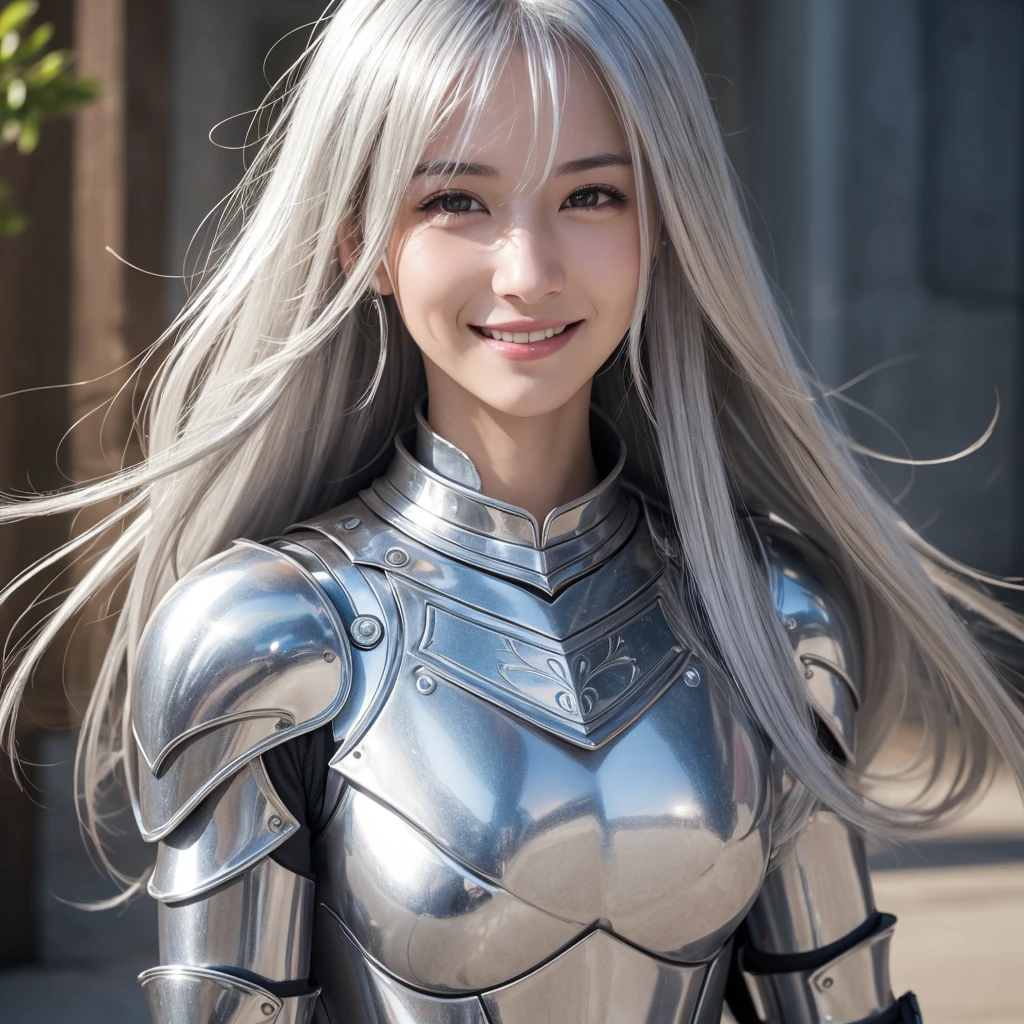 (8k), (Best quality: 1.2), (Realistic), (Photorealistic: 1.37), Ultra HD, Standing, Silver-haired female knight, 1 girl, Cute, Smile, Mouth closed, Beautiful details, Beautiful nose, Full body, slender, (8k), (best quality: 1.2), (realistic), ultra HD, messy hair, full body, 1 girl, cute, silver eyes, straight long hair, silver hair, smile, closed mouth, beautiful details , beautiful nose,