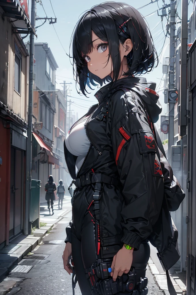 Side view from the waist up, Sexy beauty (masterpiece) Bob short black hair & Colorful fringe, Highest quality, Expressive eyes, Perfect Face, Wearing a short jacket & Detailed decorative sci-fi cyberpunk combat plugsuit & sunglasses, Sharp focus, Cyber Samurai, Shine