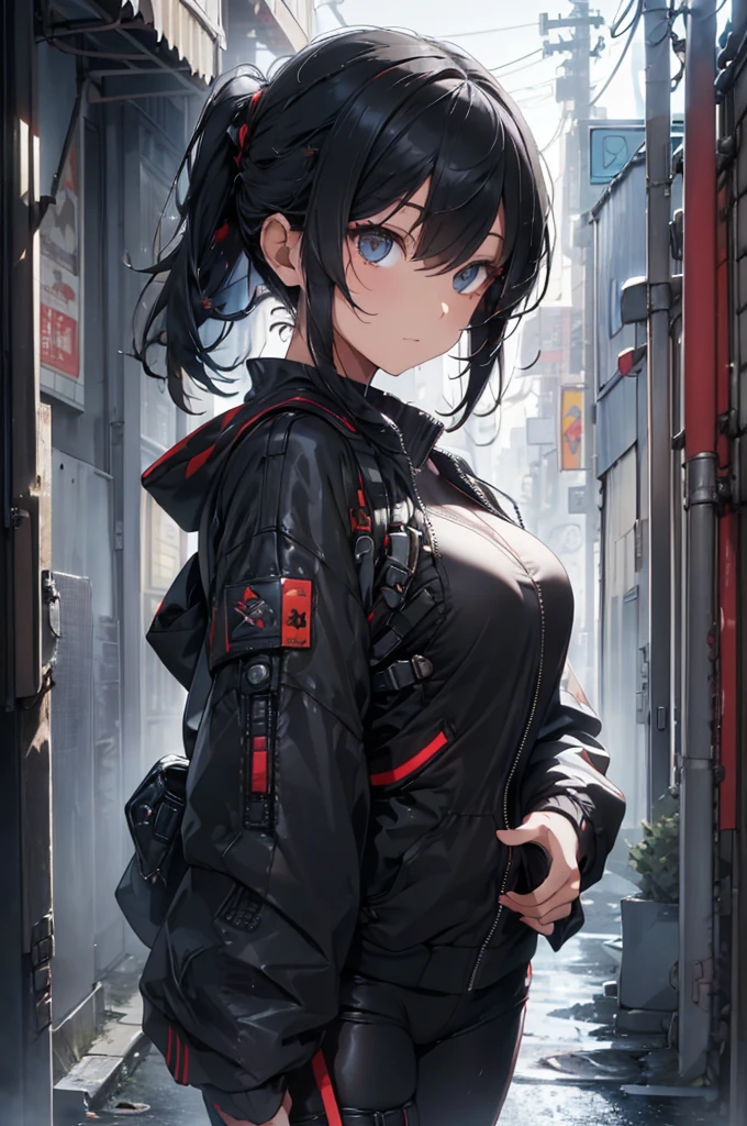 Side view from the waist up, Sexy beauty (masterpiece) Bob short black hair & Colorful fringe, Highest quality, Expressive eyes, Perfect Face, Wearing a short jacket & Detailed decorative sci-fi cyberpunk combat plugsuit & sunglasses, Sharp focus, Cyber Samurai, Shine