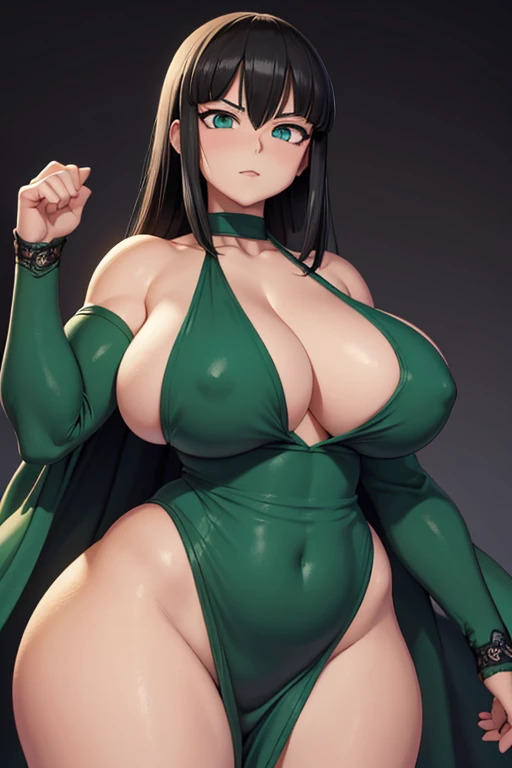 (master piece), high resolution, yusuke murata style,one punch man,  fubuki from one punch man, wearing a black green dress, joyful expression, dynamic pose, big breast, big hips, full body view, big body, thick, (Curvy:1.35), ((Master piece)), best quality, perfect bodies,beautiful detailed eyes, extremely detailed face, perfect lighting, ((((huge muscles)))), naked, nude #naked #nude