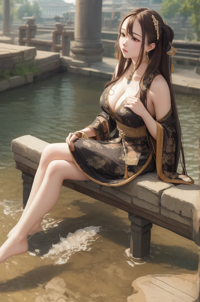 upper body, oil painting, masterpiece, best quality, highres, long brown hair, jewelry hairpin, large breast,riverside and rock or temple or bridge, extremely clothes, sitting, (song Dynasty, song clothing:1.2),