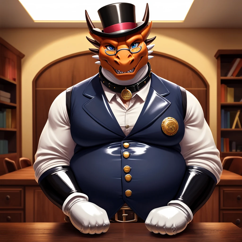 Solo, Male, fat, extremely obese, gentleman, dapper Professor Dragon, blue eyes, (posing:1.3), (soft shading), 4k, hi res, ((detailed face, detailed)), looking at viewer, mouth wide open, steampunk, dapper clothing, collared shirt with buttons, top hat, male focus, Explorer Outfit, glasses, monocle, vest with buttons, sleeves rolled up, round eyewear, brown headwear, brown vest, office, Dragon is wearing a glossy leather dog collar around the neck, Dragon is wearing the leather collar and shirt and vest at the same time, Dragon is wearing glossy white rubber gloves on the hands, wearing white rubber gloves on the feet, gloves are rubber in texture, clenching teeth, clenching fists, leather collar is glossy and shiny with a lot of detail, Dragon is wearing gloves and leather collar at the same time, leather collar has a round dog-tag, leather collar is thick and detailed, leather collar is glossy and shiny, fancy clothing, dapper vest, dapper shirt, leather collar is thick, glossy leather collar.