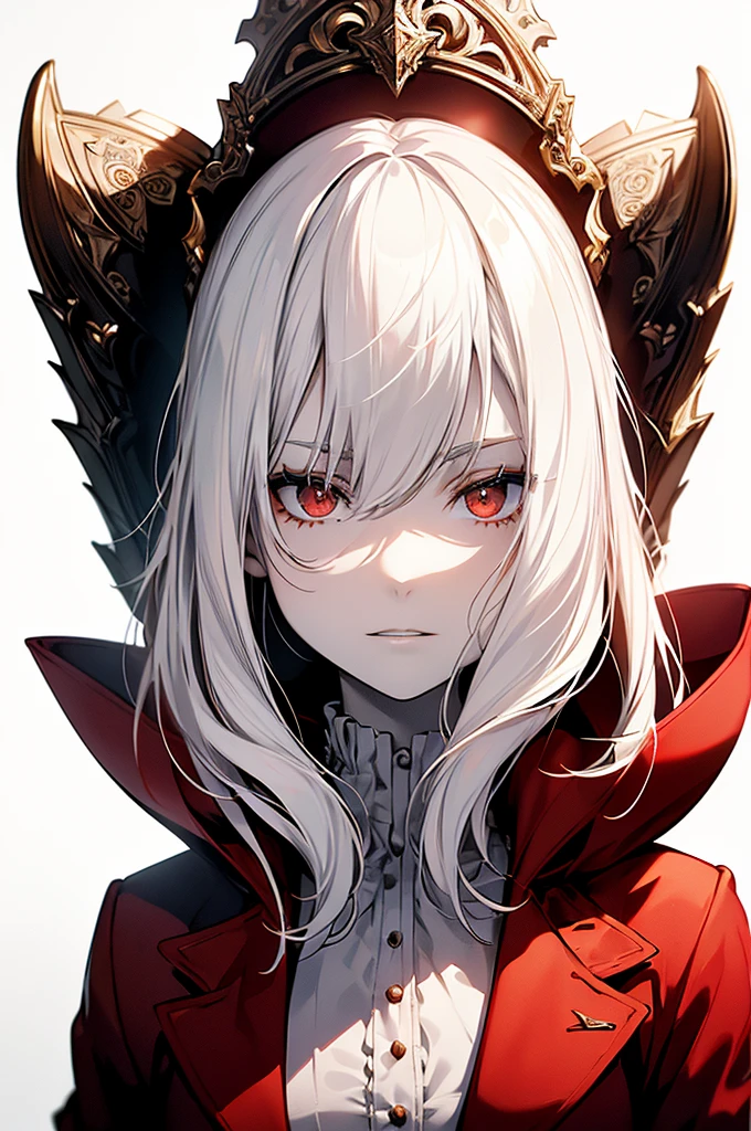 whole body, (Tabletop:1.2, Highest quality),(Beautiful and elaborate face), High Contrast, (Best lighting, Very delicate and beautiful), ((Cinematic Light)), Dramatic Light, Intricate details,(Pale white background:1.5), oversized red coat, Place one'In one hand'pocket, blonde, Red eyes, Body Harness, Medium Hair,