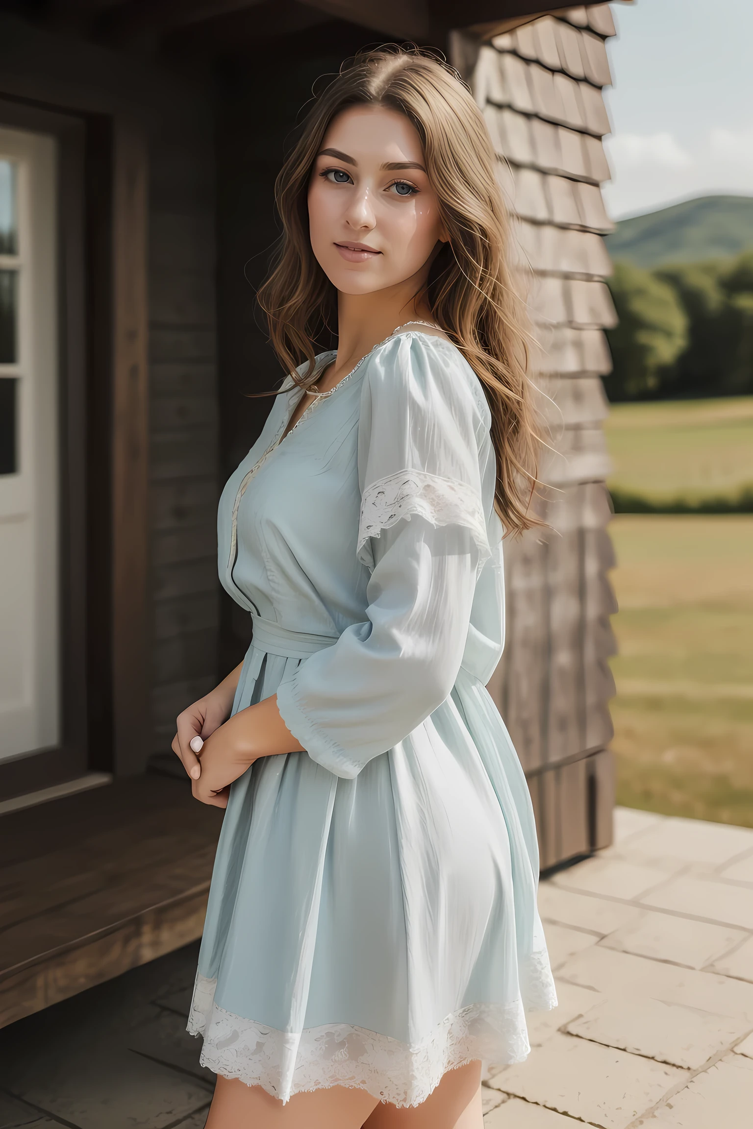 A dreamy, soft-focus photograph capturing A beautiful woman with light delicately filtering through her hair, her summer dress is beautiful and she's standing in front of a cottage