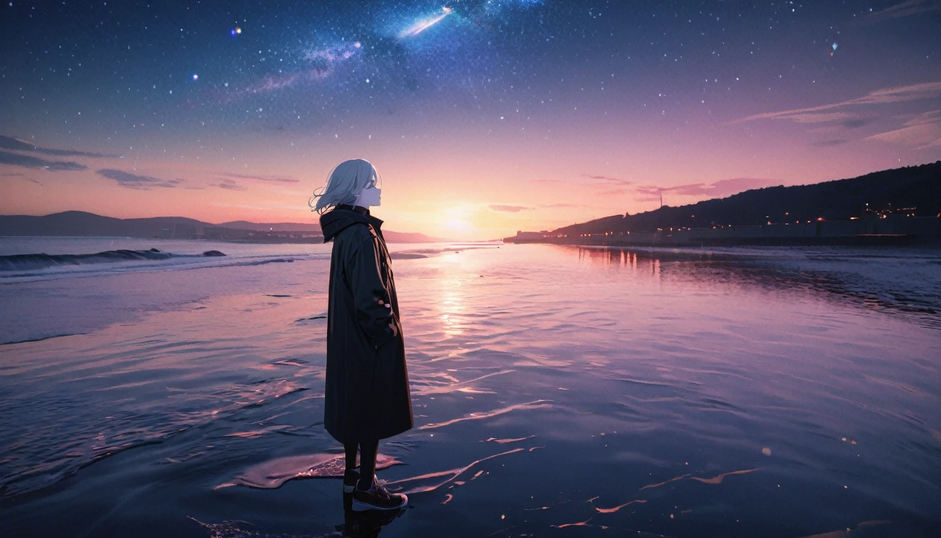 Starry Sky, After the Rain, horizon , In the sky,Lens flare, colorful,coat,Put your hands in your pockets,(student, 18-year-old, JK, Her short silver hair sways, Pale skin, Lack of eye sparkle) Looking up at the sky, Beautiful sky, There is an ocean,White Street,The scenery is beautiful, 広いLooking up at the sky, I see the wind blowing and shining, In the skyは正午の月と正午の星がある,From below, break ,quality(8k,非常に精細なCGユニットのwallpaper, masterpiece,High resolution,top-quality,top-quality real texture skin,Surreal,Increase the resolution,RAW Photos,最高quality,Very detailed,wallpaper,Cinema Lighting,Ray Tracing,Golden Ratio),Have a long-term perspective