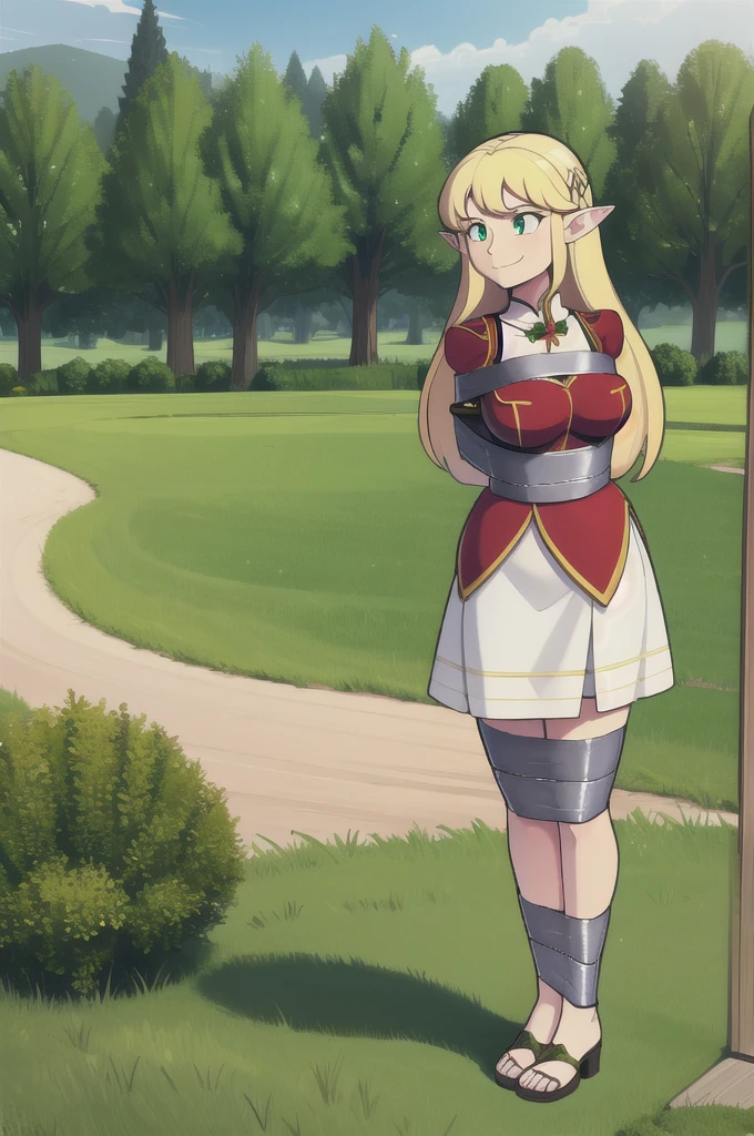 masterpiece, best quality, 1girl, elf, green eyes, blonde, (standing:1.1), (forest:1.1), pov, perfect eyes, arms at sides, river, portrait, full body, smile, heeled sandals, beautiful landscape, trees, tied, in bondage, BDSM