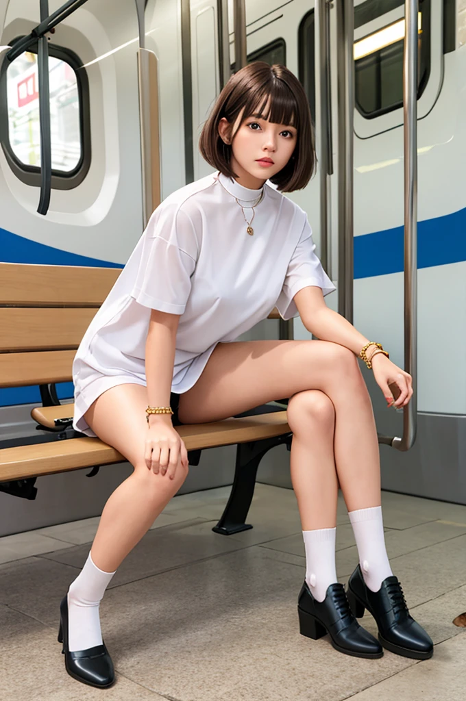 1girl, bob cut.solo,23yo. brown hair, looking at viewer, jewelry, full body, shirt, skirt, socks, brown eyes, bracelet, shoes, bangs, choker, black footwear, necklace .white panties.pantyshot, panties shot, woman, sitting, train, chair, her, legs, crossed, bench