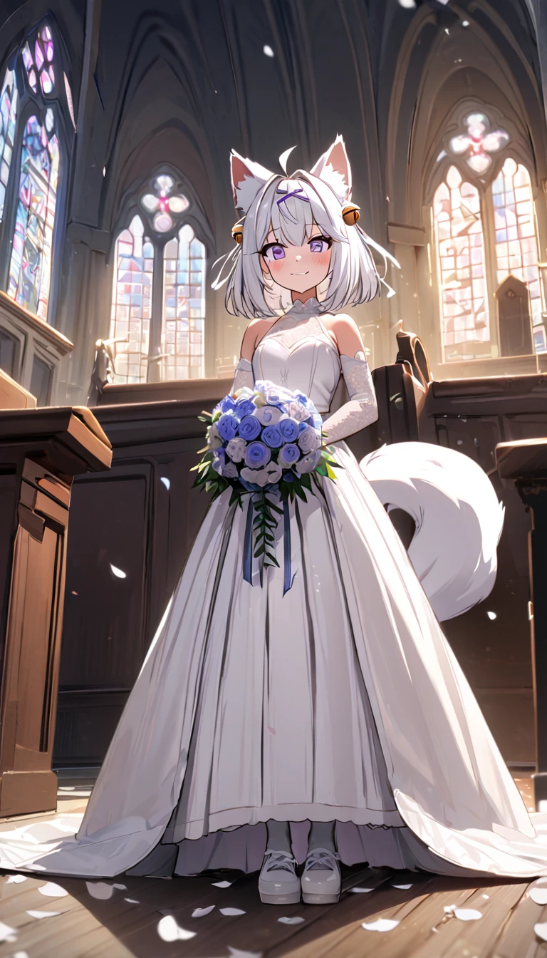 UHD, masterpiece, best quality, natural lighting, Church, infront of the altar, church isle, 1girl, tall, solo, Filian, fluffy fox tail, tail pointing down, small cat ears, white hair, short hair, ahoge, hairclip, hair bell, big purple eyes, slight blush, smiling, a-line wedding dress, white veil, white lace arm sleeves, white gloves, white lace stockings, white shoes with heals, scattered white petals, full body pose, innocent pose, holding bridal bouquet