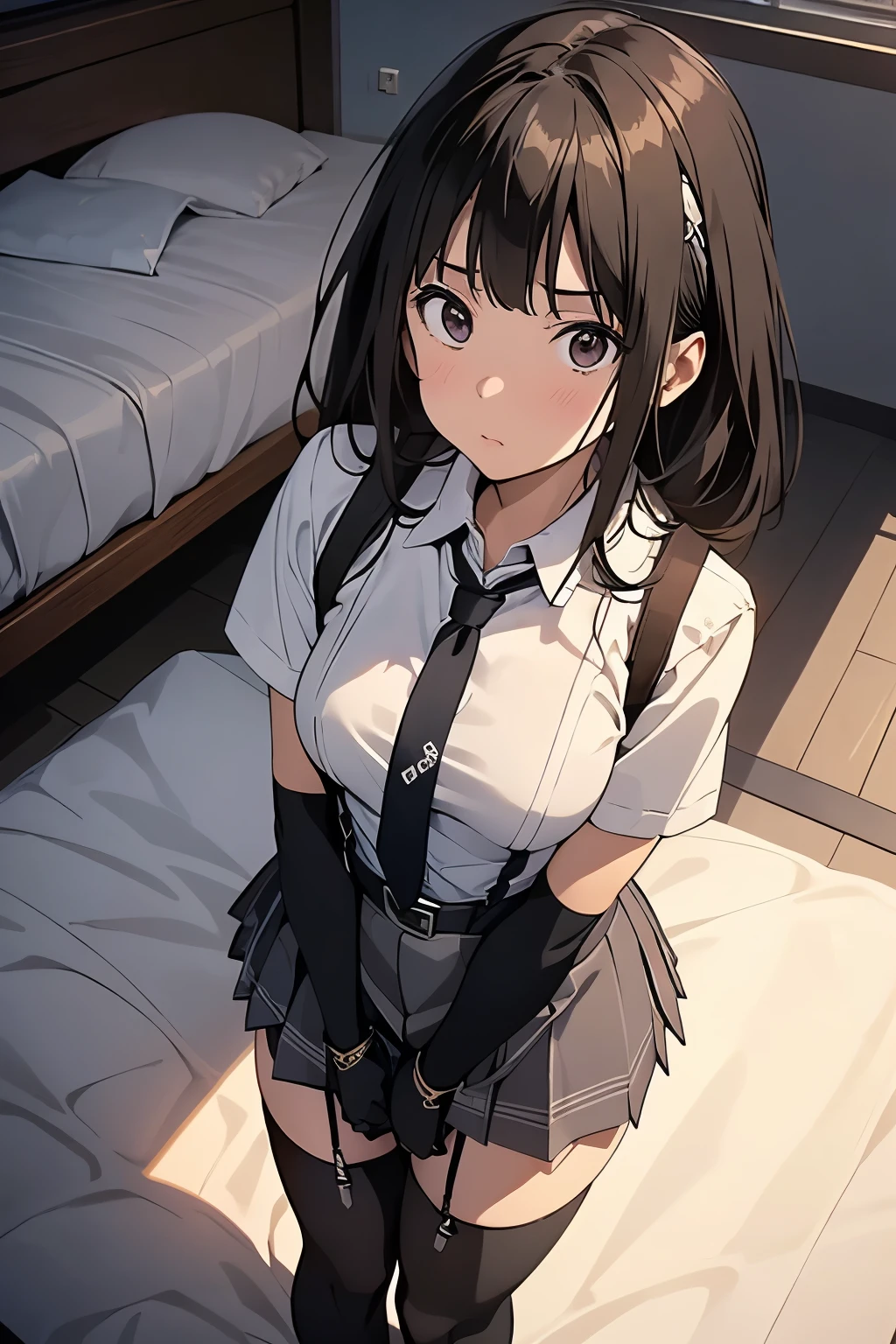 1 female, , high quality, masterpiece, Ultra-high resolution, , Cinema Lighting, , , And the suspenders with the cranes flying Moderate breasts Large Breasts Small face holster Lying in bed Looking up Sweat belt summer 脇Sweat Black Hole Gloves suit garterbelt Leg Links ズボンにbelt holster Hands behind your back Anxious expression Looking up Anxious face Knee-high Knee socks Knee-highソックス garterbelt garter ふとももにgarterbelt Checkered mini skirt Necktie Headband ribbon