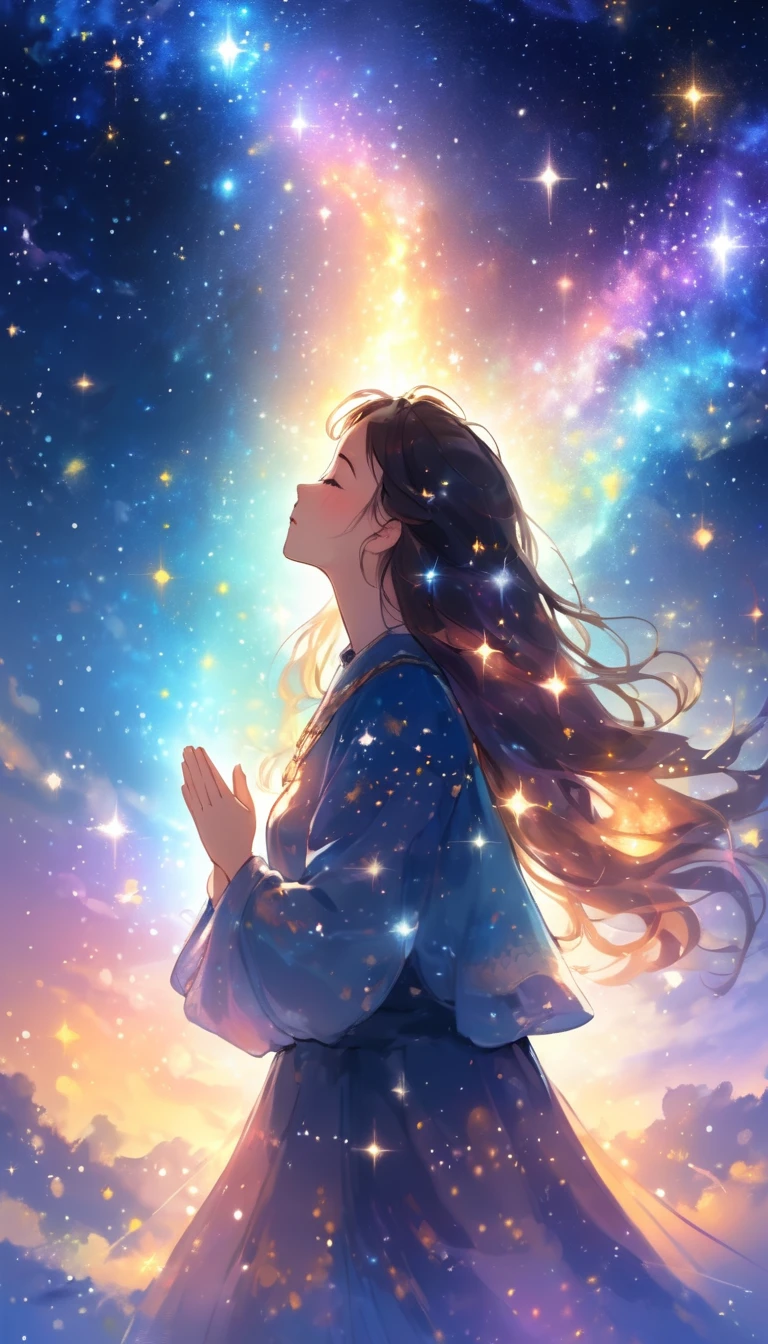 Beautiful picture, Starry sky background, (2. Women:1.2), pray, Focus on Prayer, Bright and colorful, Light particles dance in the air, mysterious,spiritual