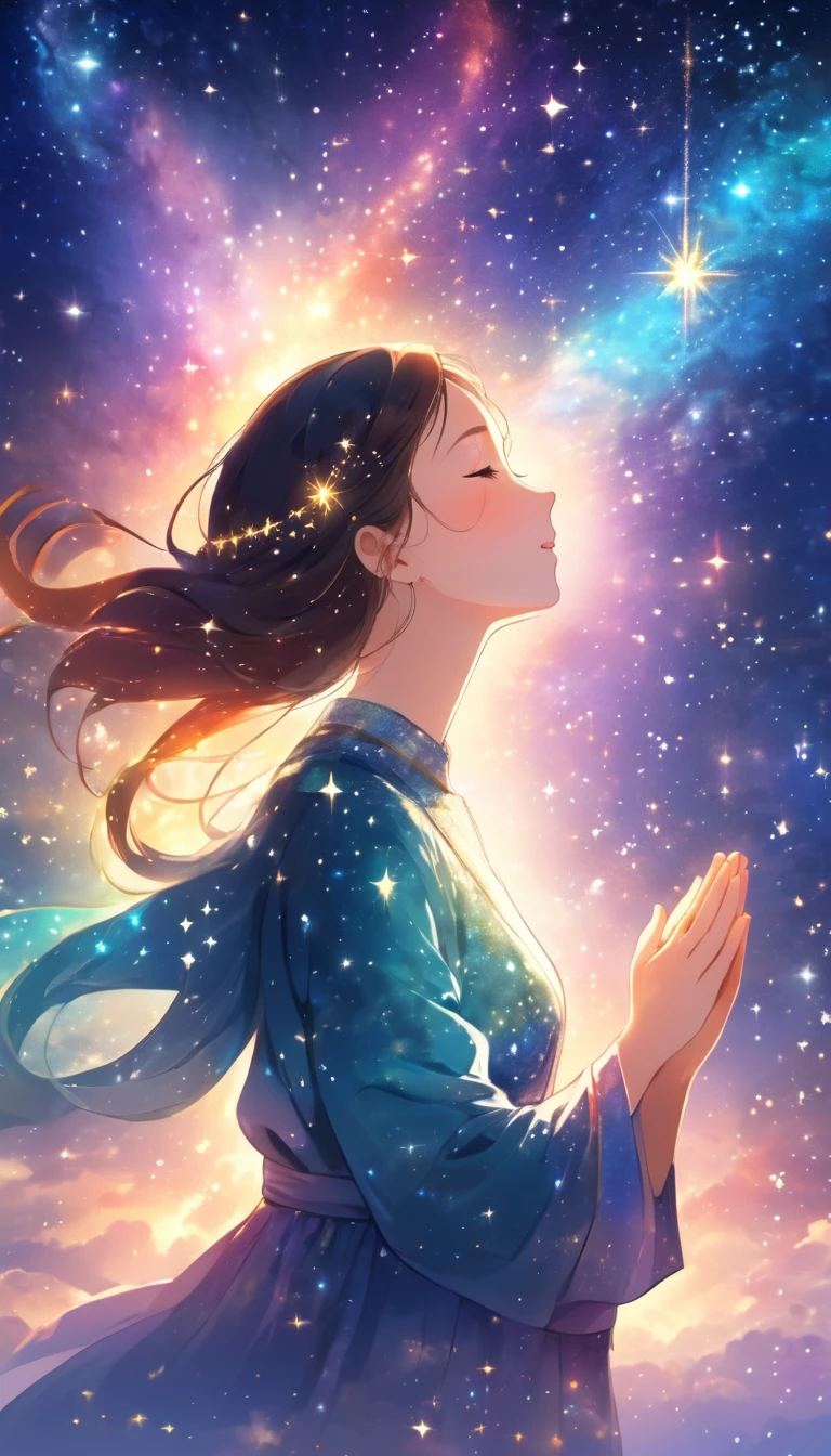 Beautiful picture, Starry sky background, (2. Women:1.2), pray, Focus on Prayer, Bright and colorful, Light particles dance in the air, mysterious,spiritual