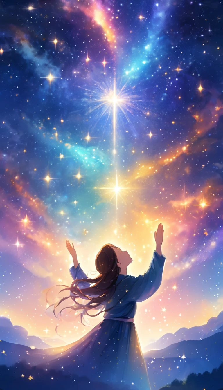 Beautiful picture, Starry sky background, (2. Women:1.2), pray, Focus on Prayer, Bright and colorful, Light particles dance in the air, mysterious,spiritual