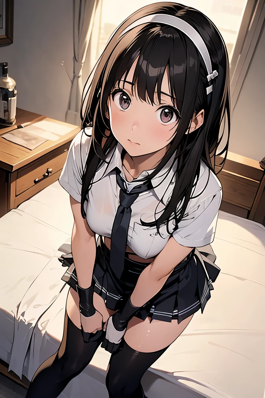 1 female, , high quality, masterpiece, Ultra-high resolution, , Cinema Lighting, , , And the suspenders with the cranes flying Moderate breasts Large Breasts Small face holster Lying in bed Looking up Sweat belt summer 脇Sweat Black Hole Gloves suit garterbelt Leg Links ズボンにbelt holster Hands behind your back Anxious expression Looking up Anxious face Knee-high Knee socks Knee-highソックス garterbelt garter ふとももにgarterbelt Checkered mini skirt Necktie Headband ribbon