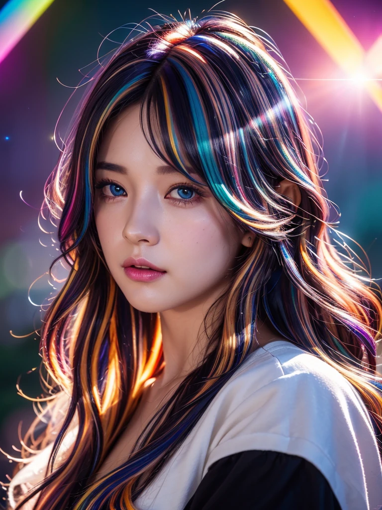 {{masterpiece}}, highest quality, Highly detailed CG Unity 8K wallpaper, cinematic lighting, Lens flare, beautiful detailed eyes, black, side line, multi-colored hair, colorful light, particle, heterochromia, (colorful:1.5), (colorful hair:1.5),
