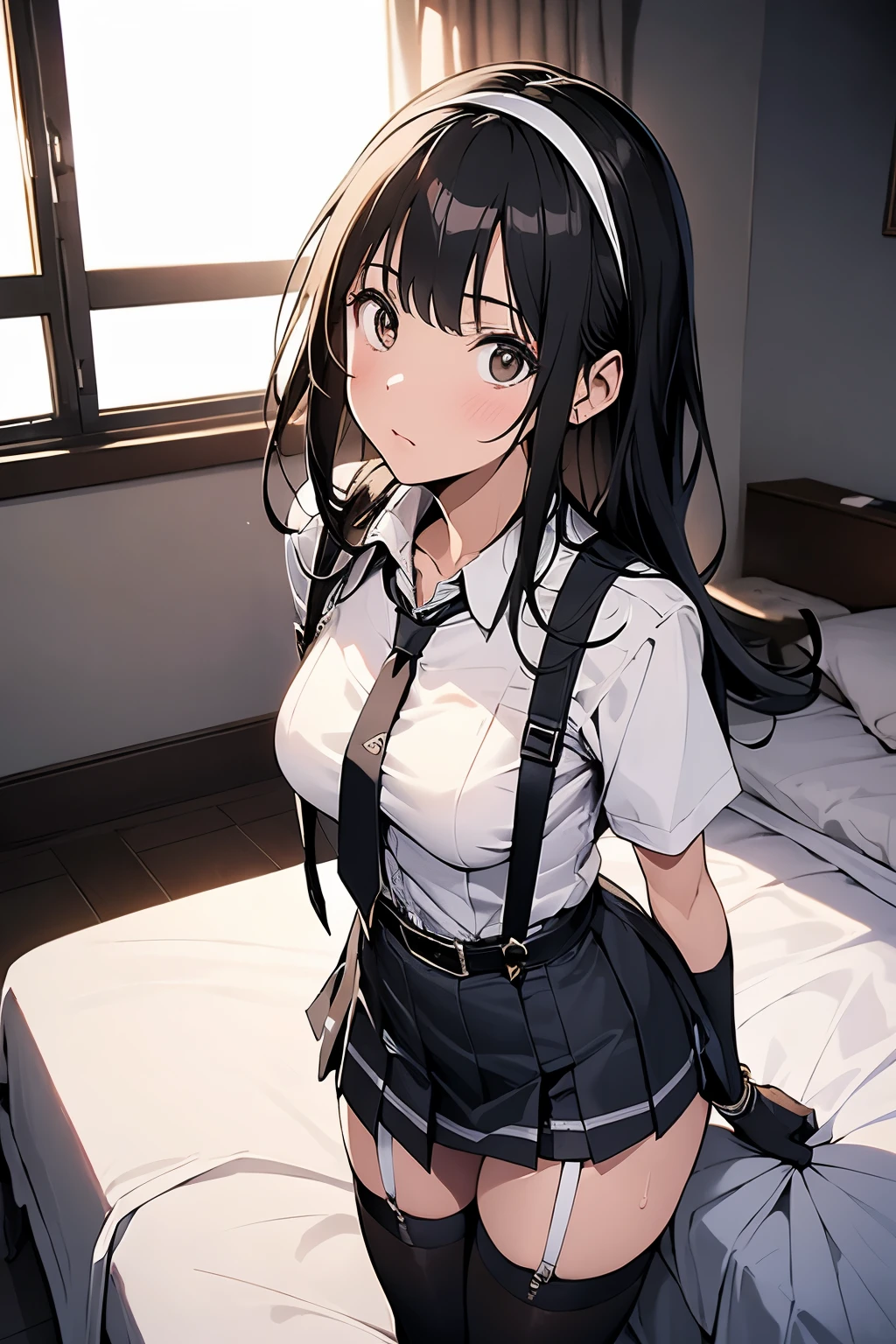 1 female, , high quality, masterpiece, Ultra-high resolution, , Cinema Lighting, , , And the suspenders with the cranes flying　　　Moderate breasts　 　 　　　　Large Breasts　 　 　　　　Small face　 　　　holster　　　　　　　 Lying in bed　Looking up　　　　Sweat 　　　belt　summer　脇Sweat 　Black Hole Gloves　suit　　　　 　garterbelt　Leg Links　ズボンにbelt　　holster　 　　Hands behind your back　 Anxious expression　Looking up　Anxious face　Knee-high　Knee socks　Knee-highソックス garterbelt　garter　ふとももにgarterbelt　Checkered mini skirt　Necktie Headband　ribbon