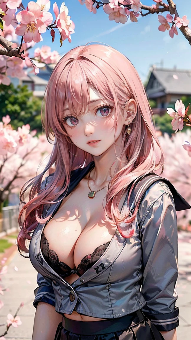 ((Highest quality, 8k, masterpiece :1.3)), (Sharp focus :1.2, Beautiful woman with perfect figure :1.4, Slim Abs), ((Big Breasts, Emphasize cleavage:1.2)), (Photorealistic:1.4), (realistic:1.4), (Pink Hair:1.5), Highly detailed face and skin texture, Fine grain, double eyelid. Makeup face, A little bit of lipstick, sex appeal, Sexy gravure pose, ((A high school girl wearing a gray sailor suit and a black skirt。The background is the schoolyard、You can see a cherry blossom tree behind her.。She is smiling and posing sexy while leaning against a cherry blossom tree.。Simple earrings and a bracelet are the accessories.。:1.3))