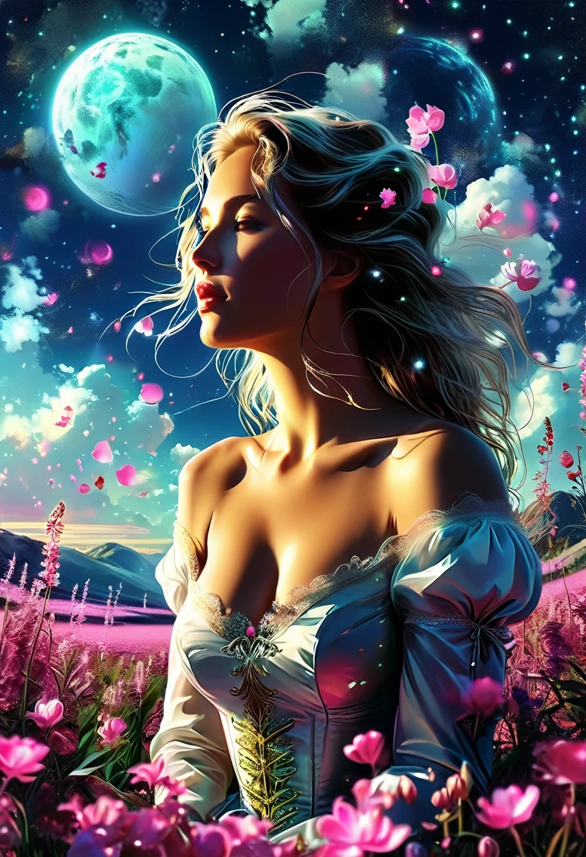digital brushstrokes, a sense of depth and intrigue,
fluorescent skyline, neon natural landscape in the background,
1939, illustration of a woman in a flower meadow among clovers, romantic illustration, high resolution, Wimmelbilder, official art, cleavage
style of Bastien Lecouffe-Degarme, Carne Griffiths, E. Abramzon, Raphael, Caravaggio,